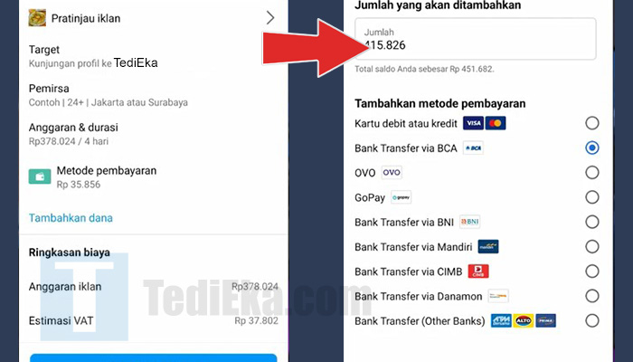 instagram ads konfirmasi - metode pembayaran