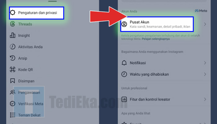 instagram pengaturan dan privasi - pusat akun