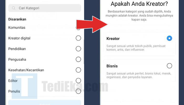 instagram pilih kategori akun profesional - kreator atau bisnis