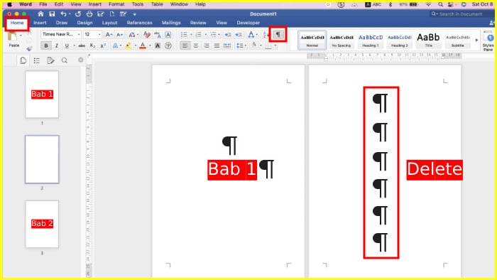 membersihkan halaman kosong di word macbook karena paragraf tambahan