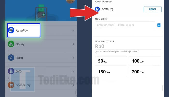 dana astrapay - masukkan nomor hp dan nominal top up