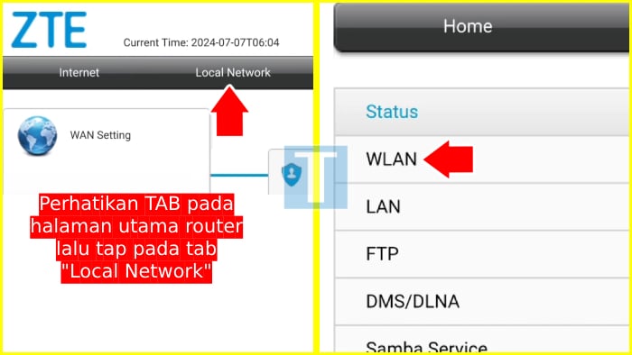 Langkah ganti password WiFi ZTE dengan akses local network lalu menu wlan