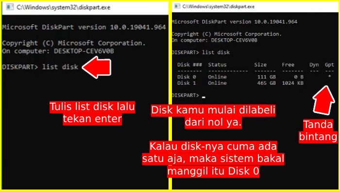 pakai perintah list disk untuk melihat jenis partisi