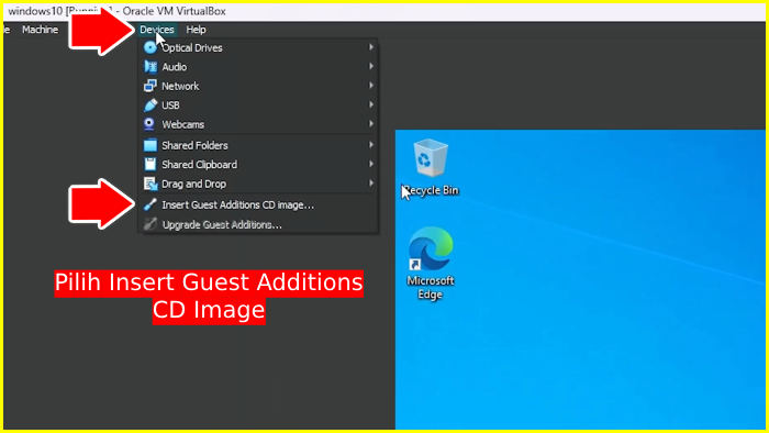 pilih devices pada virtualbox klik insert guest additions cd image