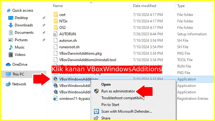 run as administrator vboxwindowsadditions