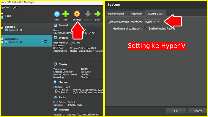 setting optimasi virtualbox dengan hyper-v