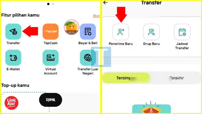 Pilih Menu Transfer dan Opsi Penerima TF