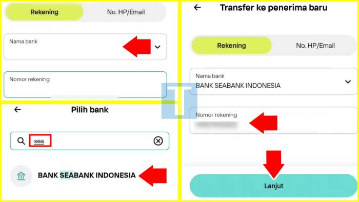 cara tf bni ke seabank tahap Pilih Bank Tujuan dan Masukkan Nomor Rekening Penerima