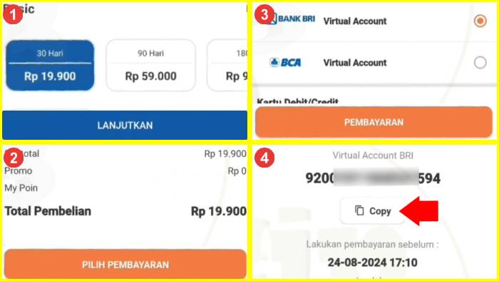 pilih paket dan metode pembayaran lalu gunakan va bri kemudian salin nomor virtualnya