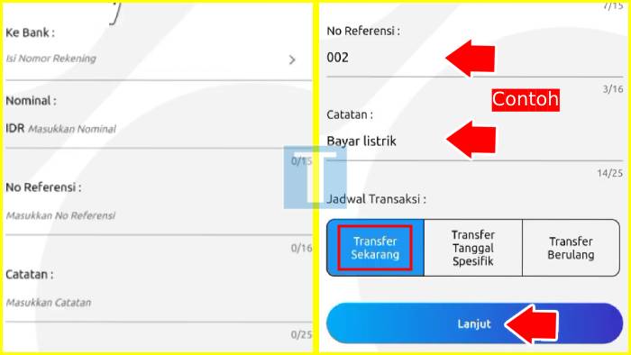 tahap mengisi detail transfer kode bank hingga jadwal transaksi